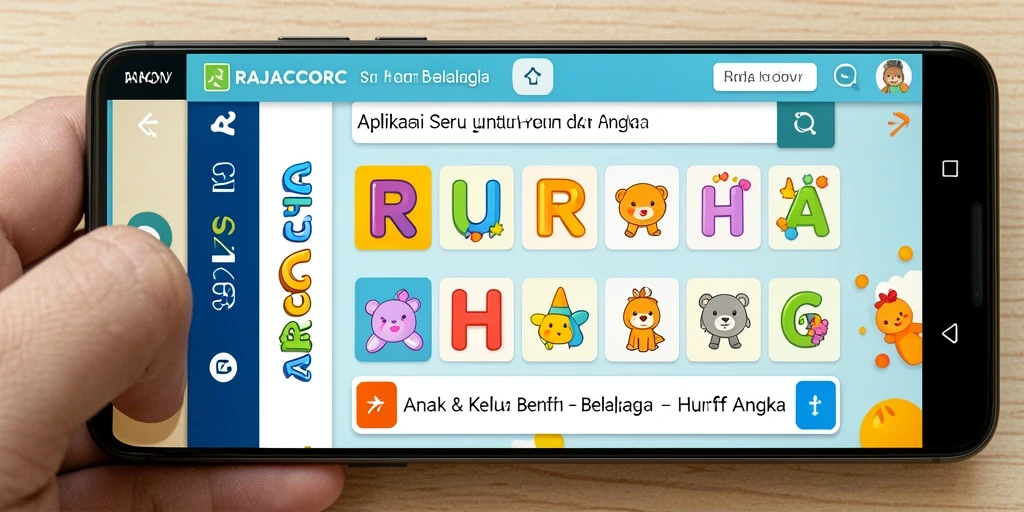 Tampilan interaktif RAJACORC untuk belajar huruf dan angka.